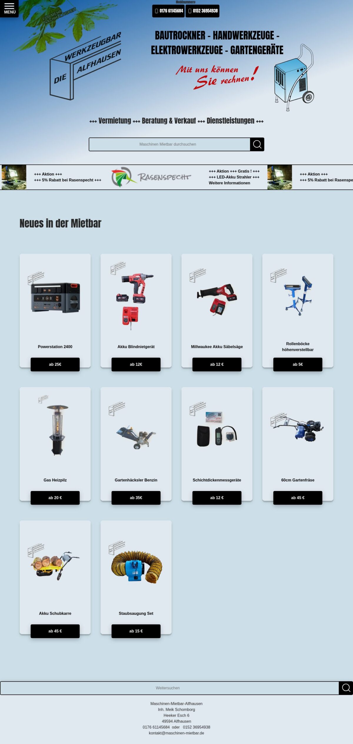 Screenshot von Maschinen Miet-Bar Alfhausen auf dem Desktop